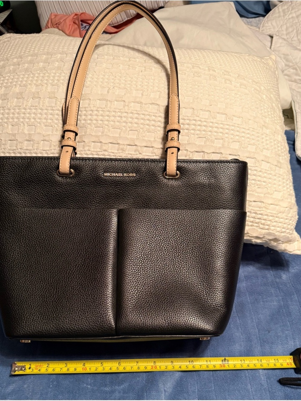 Michael Kors Black Leather Tote with Beige Handles - Picture 2 of 8